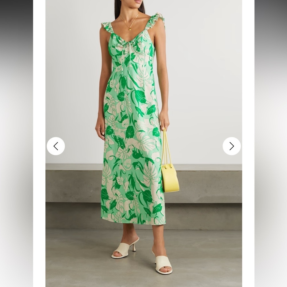 Rixo Cecile Ruffle Printed Linen Blend Midi Dress Size XS Retail $400